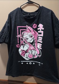 Men's XL Cyber Cat Girl Neko Hanes Black Shirt