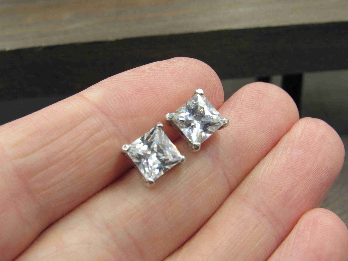 Sterling Silver Square Large Cubic Zirconia Stud Earrings Vintage Wedding Engagement Anniversary Beautiful Everyday Minimalist Cute Sexy