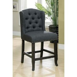 RUSTIC STYLE GRAY LINEN LIKE ANTIQUE BLACK FINISH SET OF 2 COUNTER HEIGHT WINGBACK CHAIRS - SILLAS ALTA