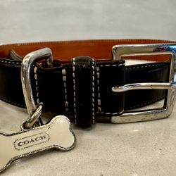 Coach Black Smooth Leather Silvertone Bone Charm Dog Collar Large 17-21”