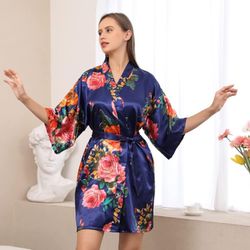 Peony Floral Silky Satin Robe M Size