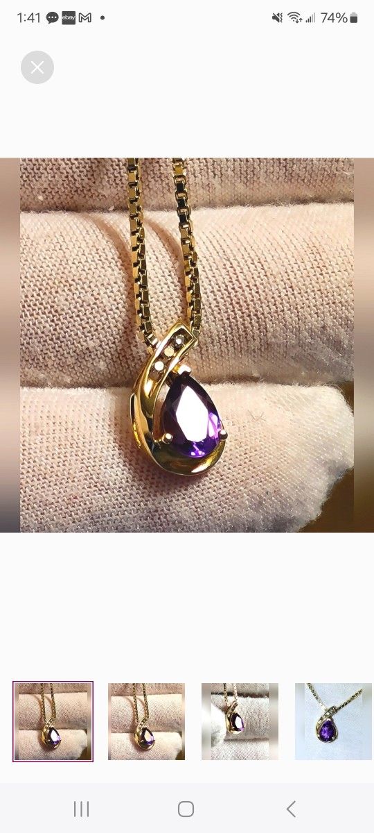 $650 1ct Natural Pear Cut Amethyst Diamond 10k Yellow Gold Pendant W/ DIAMONDS