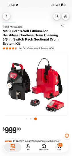 Milwaukee
M18 Fuel 18-Volt Lithium-Ion Brushless Cordless Drain Cleaning 3/8 in. Switch Pack Sectional Drum System Kit