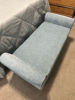 Light Blue Upholstered Storage Bench with Rolled Arms