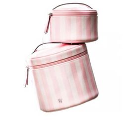Victoria's Secret signature stripes Pink Striped Cosmetic makeup Bag Set 2-piece