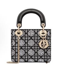 Dior Lady Dior brand logo rattan plaid embroidery beaded silver rhinestone cotton one-shoulder handbag mini women's black (47)68