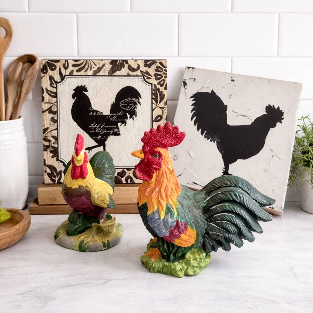 Farmhouse Rooster Decor Set (4 pcs) – Country Kitchen Rustic Style – Piggy Bank & Wall Art