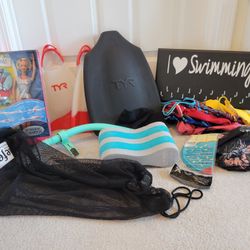 SWIM GOODIES! Gear, suits (W28-30 and M32), brand new unopened cap, Barbie, and ribbon displayer! 