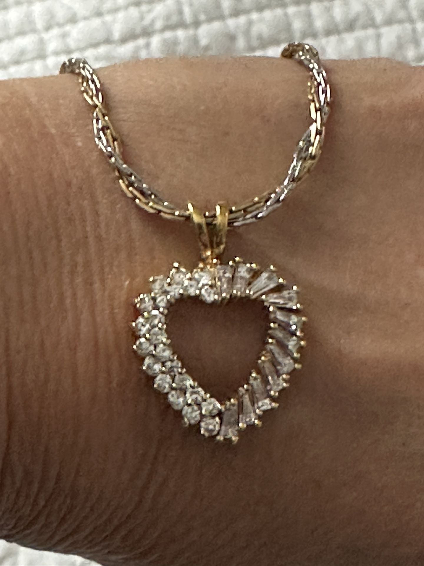 Gold Vermeil Sterling Silver Heart with Cubic Zirconia 11 Baguette & 22 Round CZ's on a 16" Gold Filled Necklace.