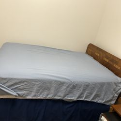 Full size bed frame, mattress, box spring, and sheets 