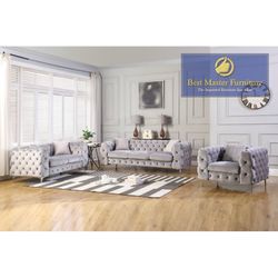 3 Piece Grey Or  Blue Velvet Sofa Set 