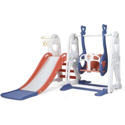 4 in 1 Toddler Slide and Swing Set Kids Slide for Toddlers 1-3 Outdoor Playset Indoor Playground Baby Climber Toys with Basketball Hoop (Blue Red