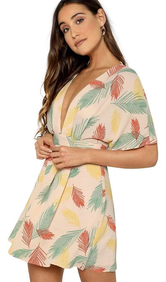 SHEIN Plunge Neck Tied Open Back Tropical Dress Size S NWOT