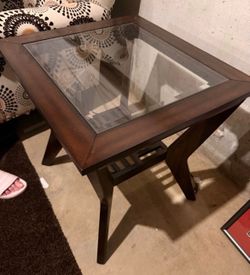 2 wood end tables with glass