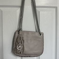 MKors 2 way shoulder/crossbody taupe/light grey bag w/ silver hardware & tassel