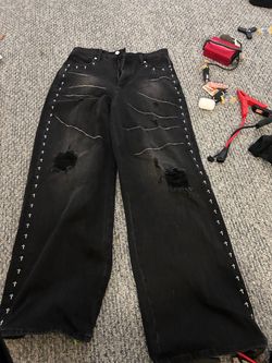 Men Black Distressed Jeans with Cross Detail size 31
