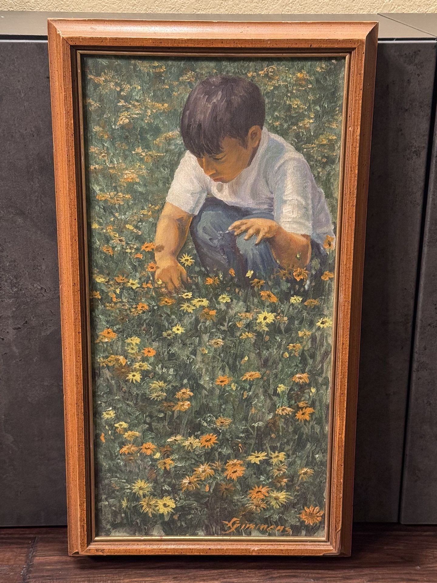LOIS SIMMONS (1932-d2020) Boy In Flower Field Oil Painting by listed Cal. Artist
