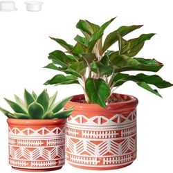 Ceramic Plant Pots, Garden Planters for  Plants with Drainage Hole,Flower pots Indoor Outdoor ,4.7in+5.9in,PARTNERO Nordic Modern White & Orange ,Pack