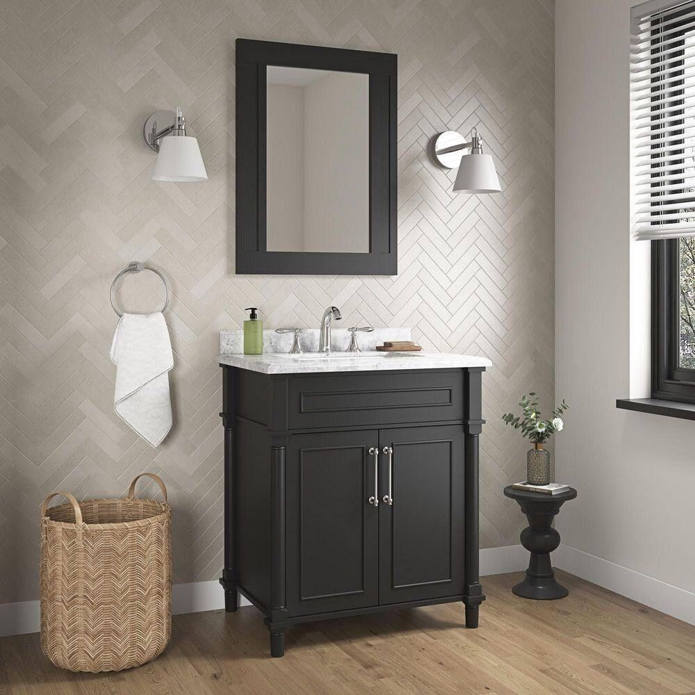 Aberdeen 30 in. Single Sink Black Bath Vanity with Carrara Marble Top (Assembled)