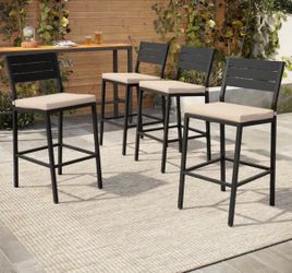 Metal Outdoor Bar Stools in Beige with Cushion (4-Pack)