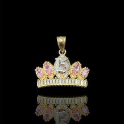 14k Gold “Quinceañera” Crown Pendant w Pink Stones  