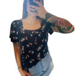 Lucky Brand Navy Floral Square Neck Short Sleeve Top