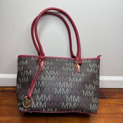 Monogram Tote with Burgundy Trim and Gold Accent