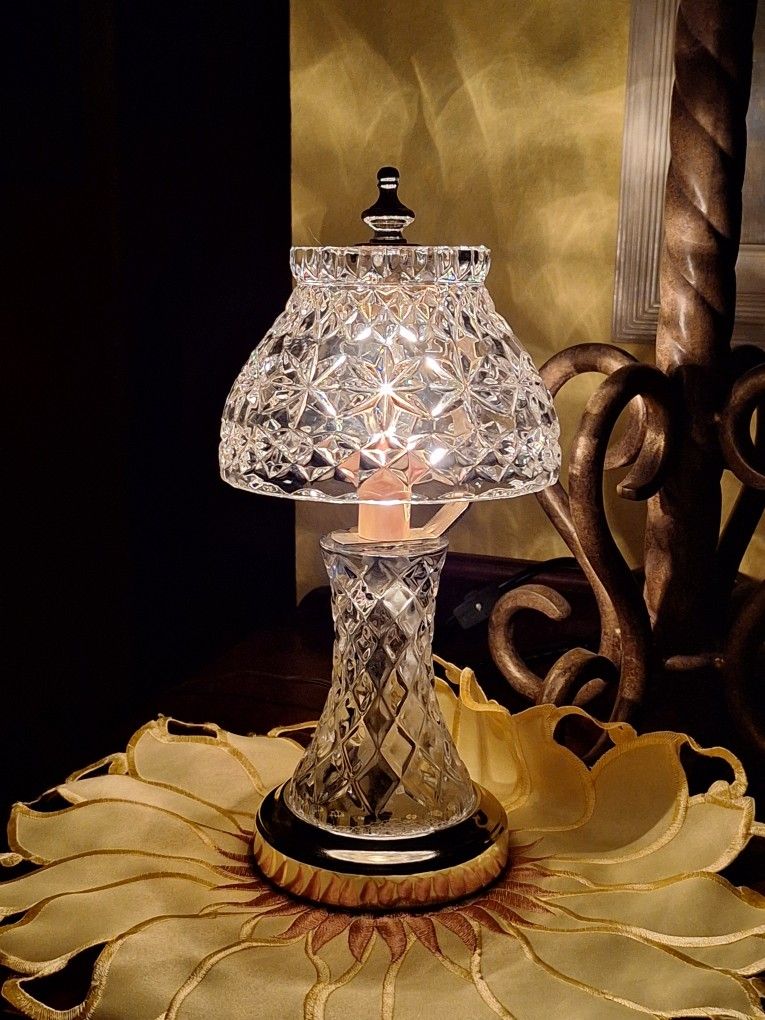 Vintage Heavy Lead Cut Crystal Boudoir Lamp w/ Etched Rose Shade 12"
