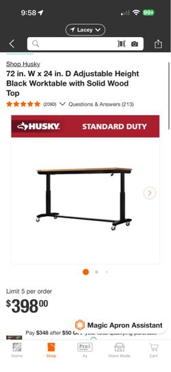 Husky 72" Adjustable Height Worktable with Wood Top