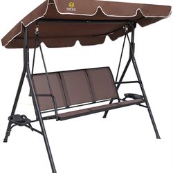 Patio Swing Chair, Porch Swings Bench, Canopy Glider, with Adjustable Tilt, Three Seat (Brown)