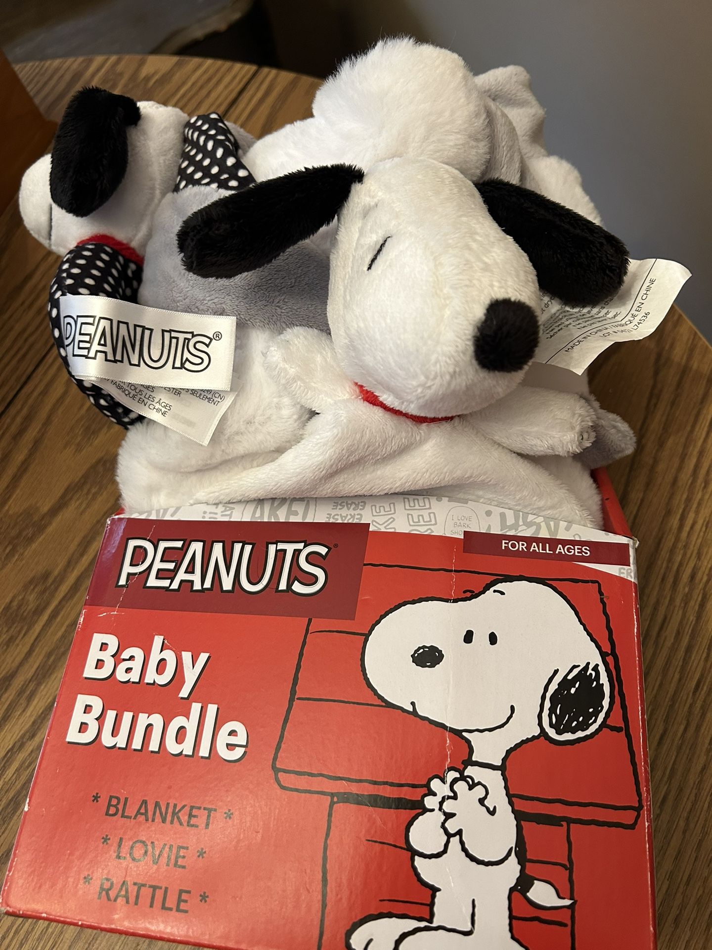 Peanuts snoopy - 3 piece baby bundle - blanket lovie and rattle  New items - packaging has wear / bent corners / scuffs