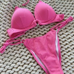 Halter metal ring hot pink bikini set