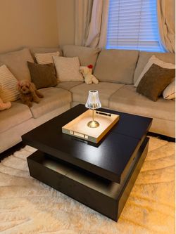 Fully Assembled Modern Black Coffee Table w/ Sliding Top, Hidden Storage, Charging Station & LED Lights