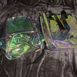 2 Pack Handmade Iridescent Clear Backpack And Tote Bag 