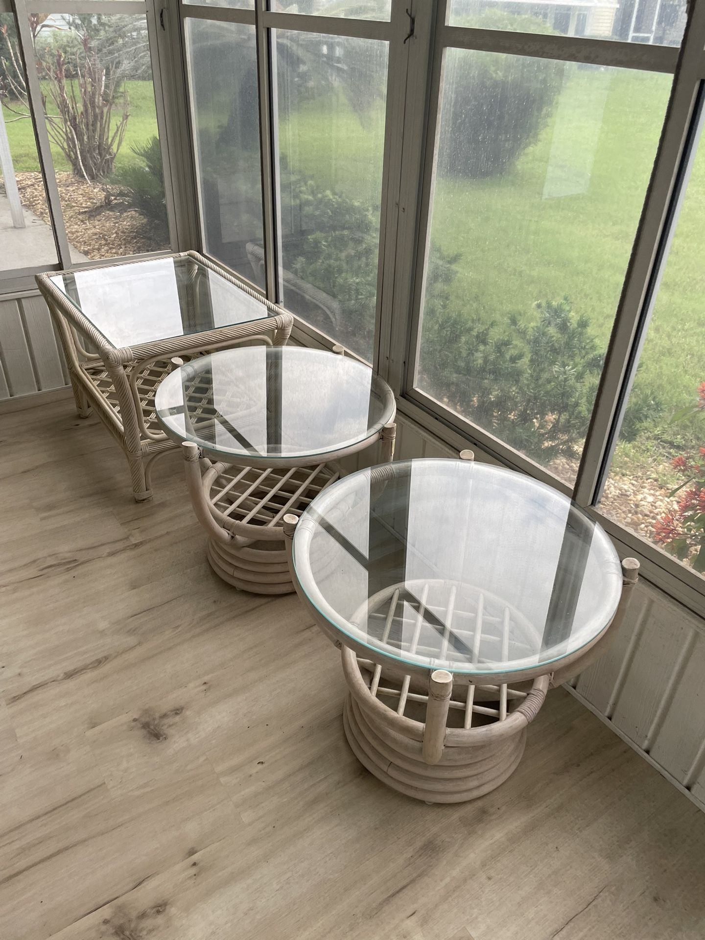 3-Piece Rattan & Glass Side Table Set – Coastal Boho Style