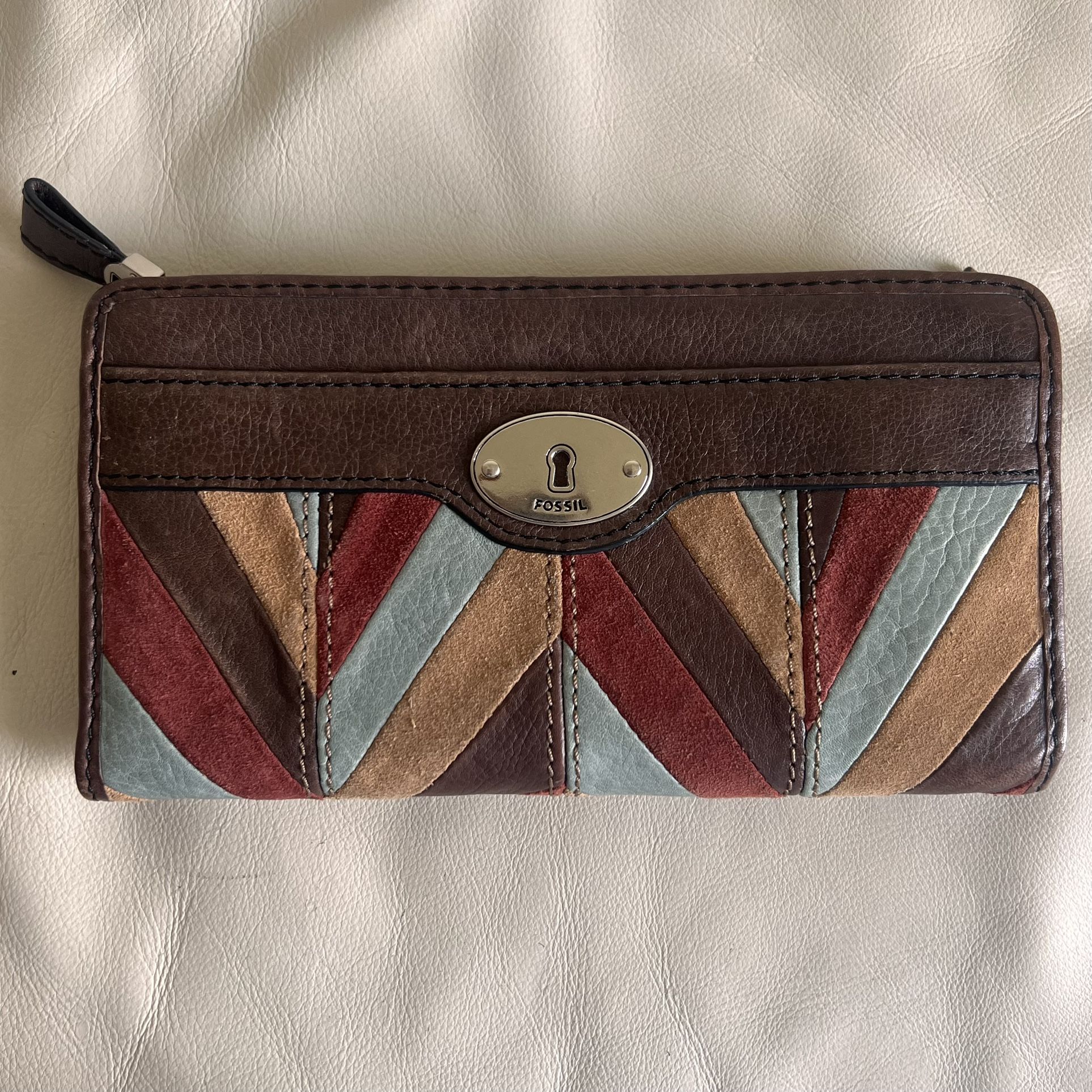 Fossil Maddox Brown Leather Chevron Patchwork Zip Around Wallet