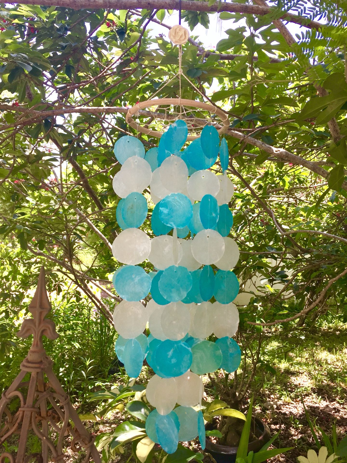 Aqua azure sky ocean blue & white capiz shell wish wind chime chandelier home Garden hanging