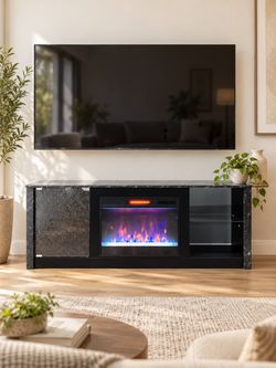 63" Gaming TV Stand with Fireplace & LED Lights Media Console for 70" TVs Adjustable Shelves & Remote Control