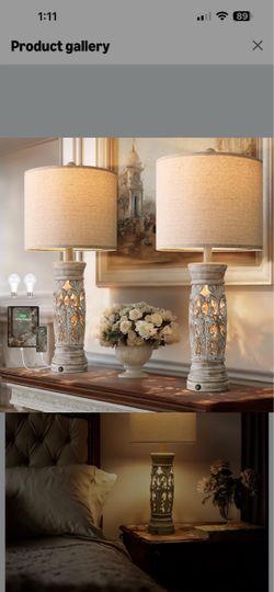 27.25”Farmhouse Table Lamps Set of 2 with Night Light, Rustic Bedside Lamp Vintage Nightstand Lamp with USB A+C Ports, Retro Side Table Lamps for Livi