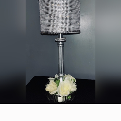 Crystal-Embellished Silver Table Lamp with Floral Base