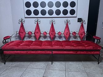 Long Vintage Red Velvet & Wrought Iron Statement Settee / Daybed