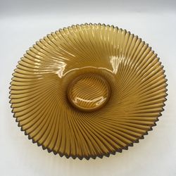 Vintage Amber Sawtooth Swirl Glass MidCentury Modern Bowl 11.5" Diameter 