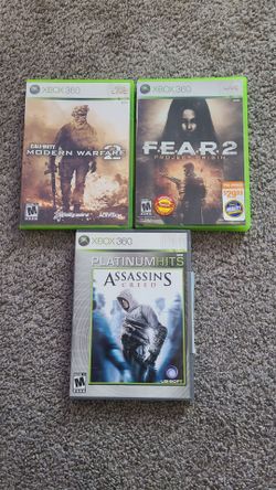 3 games XBOX 360 for 10 dollars   Call of Duty: Modern Warfare 2: 
F.E.A.R. 2: Project Origin: 
Assassin's Creed (Platinum Hits):