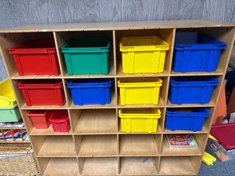Wooden Cubby Storage Unit with Plastic Bins