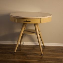 RARE Vintage Retro Antique Blonde Wood Mid Century Formica Side Table w/ Drawer