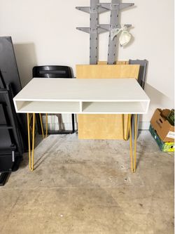 Like-New White Writing Desk with Storage Cubbies & Gold Legs - $45
