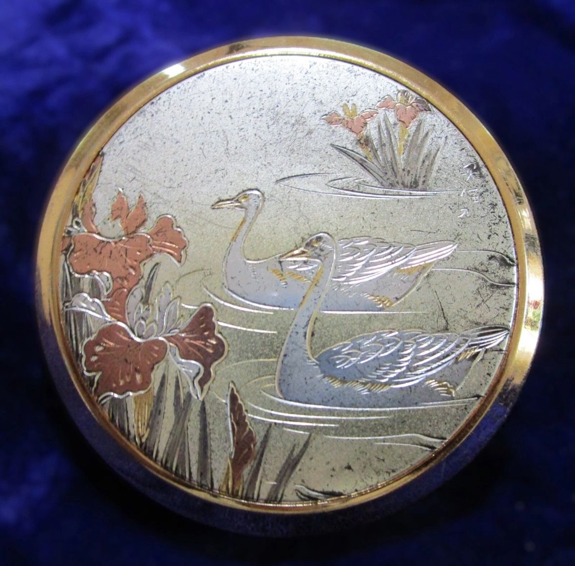 Rare Vintage “Lovely” Swan Compact | Japanese Gold Floral Powder Case w/ Mirror & Puff – Elegant Collectible