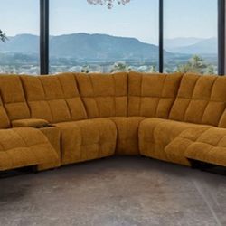 Brand New Butterscotch Super Plush Chenille Power Reclining Sectional Sofa 