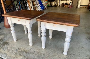 Pair of Farmhouse Side Tables – Two-Tone Distressed White & Dark Wood Top Furniture