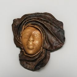 Vintage African Art Molded Leather Brown Woman Face Mask Wall Decor